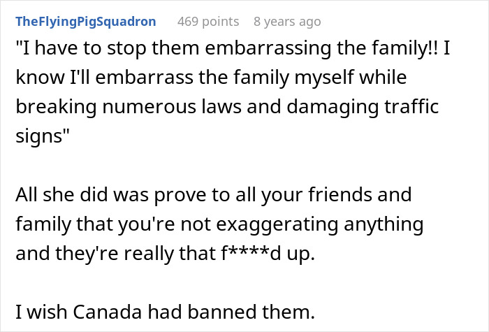 A Reddit comment discussing the mom's actions at the wedding and the resulting family ban from the wedding.