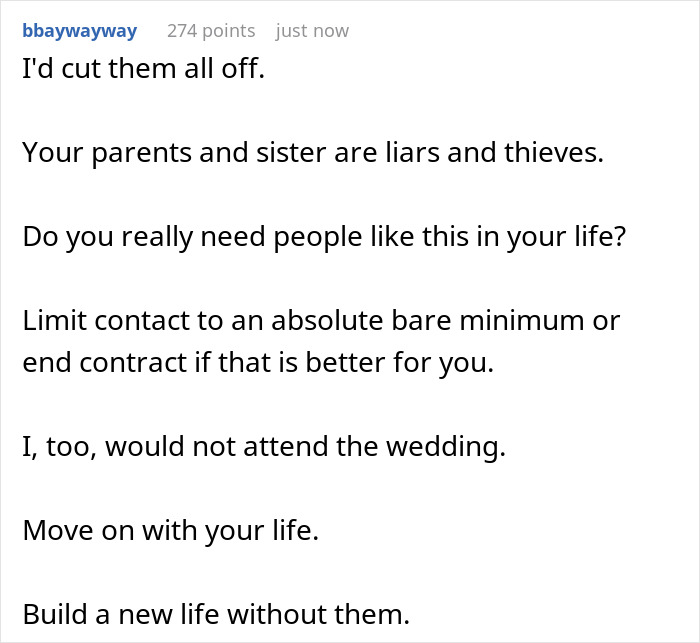 A user advises a woman to cut off family, including her sister, over the college fund issue, urging her to move on. A user advises a woman to cut off family, including her sister, over the college fund issue, urging her to move on.