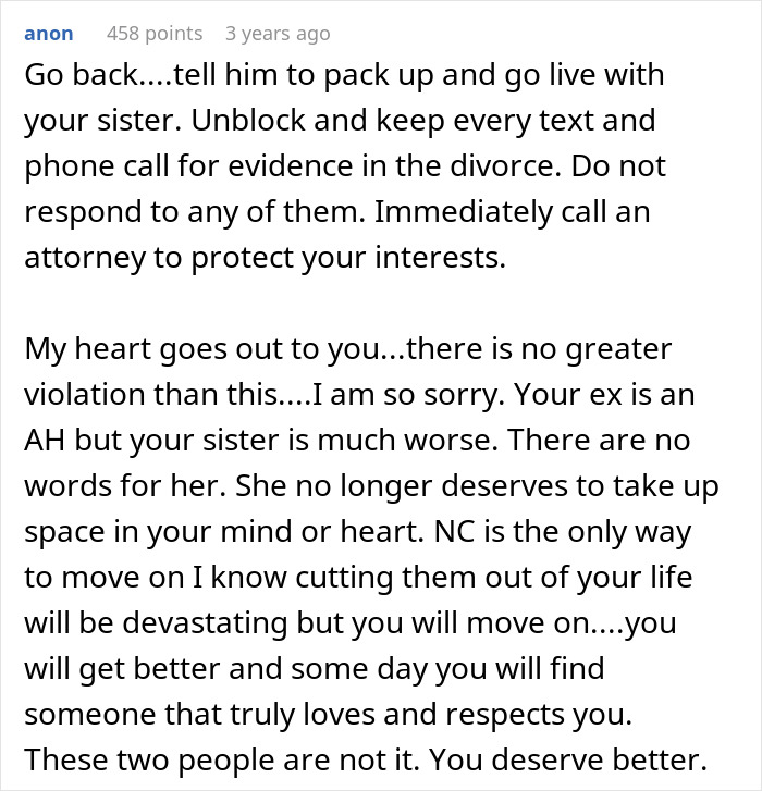A screenshot of detailed advice for a woman who found her husband and sister naked, suggesting to unblock them for divorce evidence.