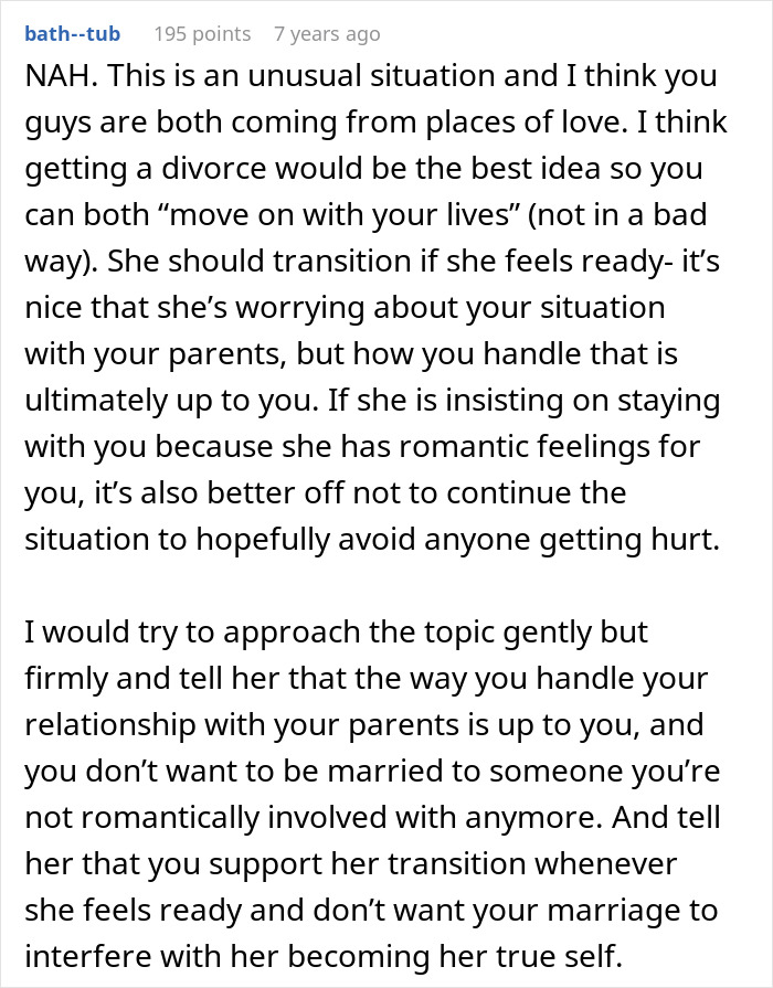 Text about woman in shock, husband decided to transition and help hide she's lesbian, suggesting divorce for mutual love and support. Text about woman in shock, husband decided to transition and help hide she's lesbian, suggesting divorce for mutual love and support.