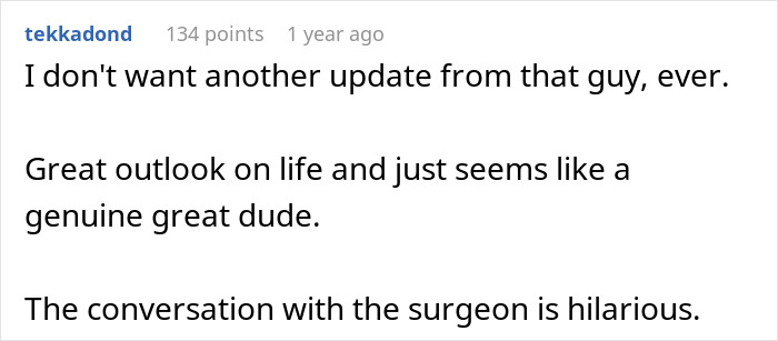 Reddit comment from tekkadond appreciating the positive outlook and genuine nature of the person who overcame a giant brain tumor.