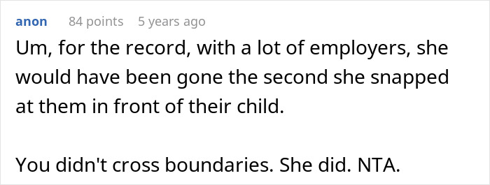 Comment about the nanny's inappropriate behavior and how employers should handle boundary violations.