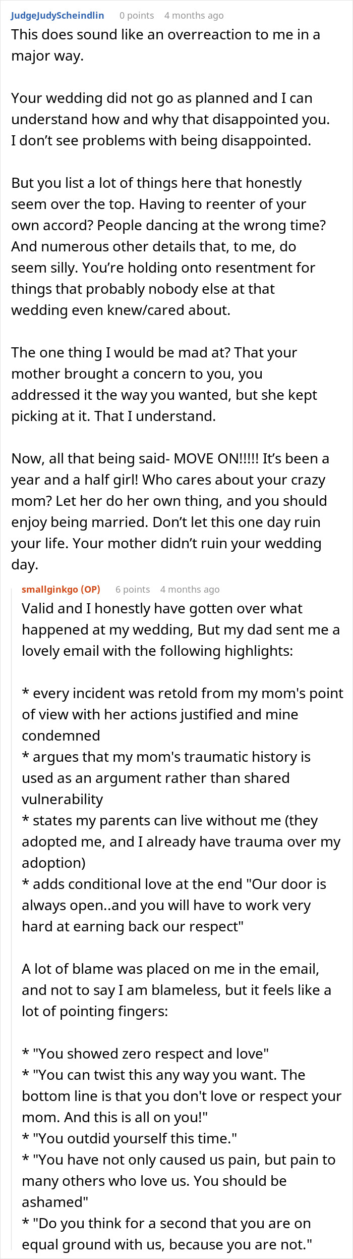 A screenshot of comments from Judgejudyscheindlin and smallginkgo regarding a wedding day and mother's actions.