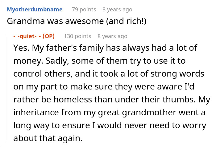 Screenshot of an online comment celebrating the great-grandma's will and its impact on the narrator's life, highlighting the trolling aspect. Screenshot of an online comment celebrating the great-grandma's will and its impact on the narrator's life, highlighting the trolling aspect.