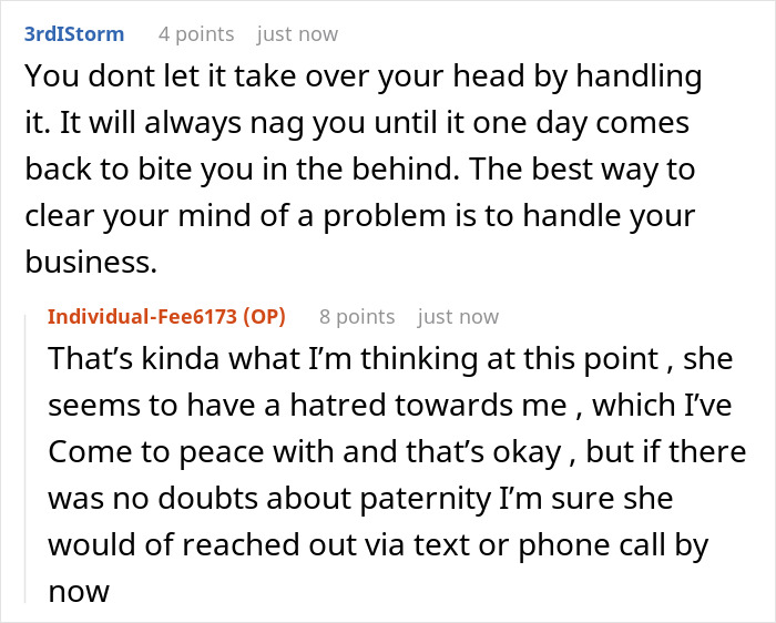 A Reddit post about an ex ending a relationship by text and using official paperwork to name a man as baby's dad. A Reddit post about an ex ending a relationship by text and using official paperwork to name a man as baby's dad.