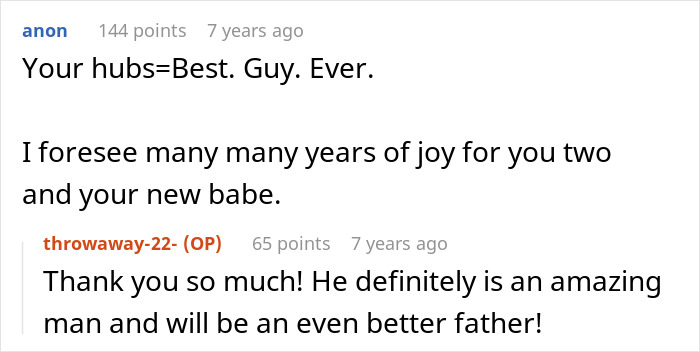 A Reddit screenshot showing a comment praising the husband for supporting his pregnant wife after the family dinner insult.