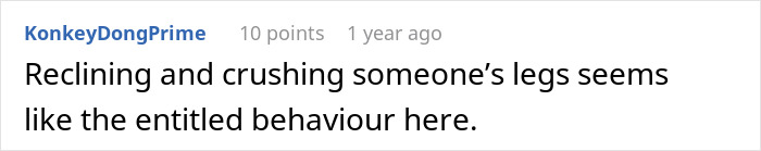 A screenshot shows an online comment discussing an overnight flight and a person reclining, throwing a tantrum.