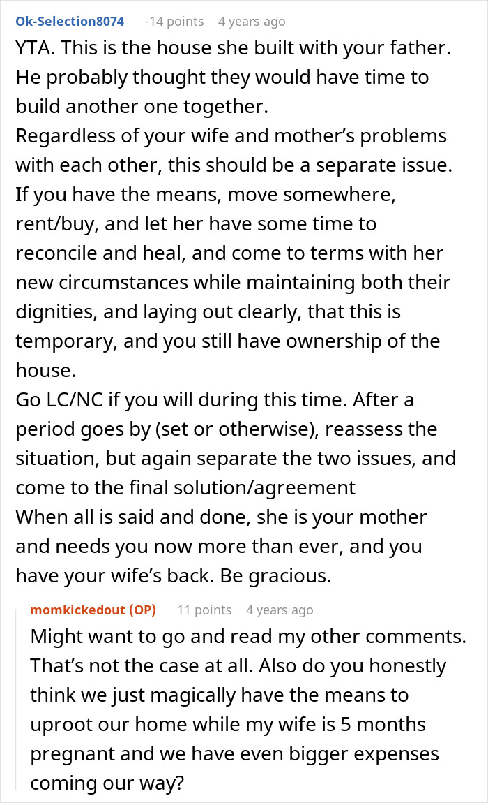 Online comment advising the man to house his mom despite her harassing his wife due to past trauma.
