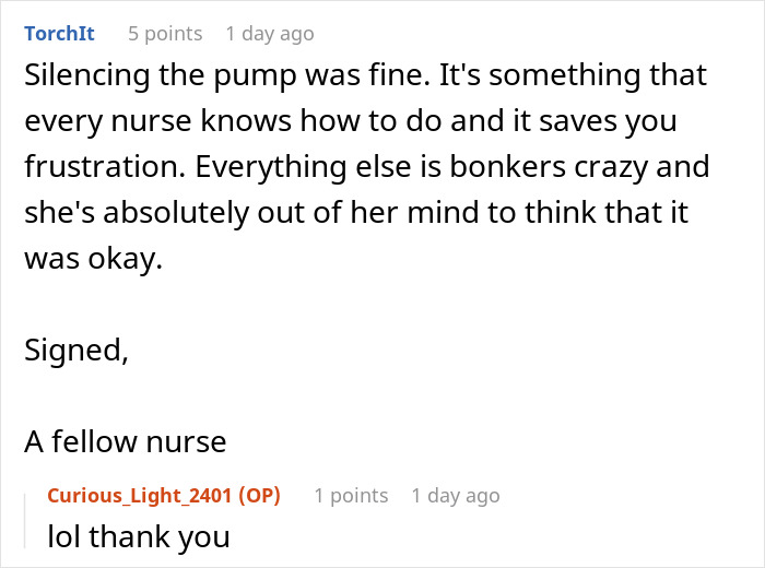 A screenshot showing a comment from Reddit user TorchIt about a mom's nurse mode during DIL's delivery.
