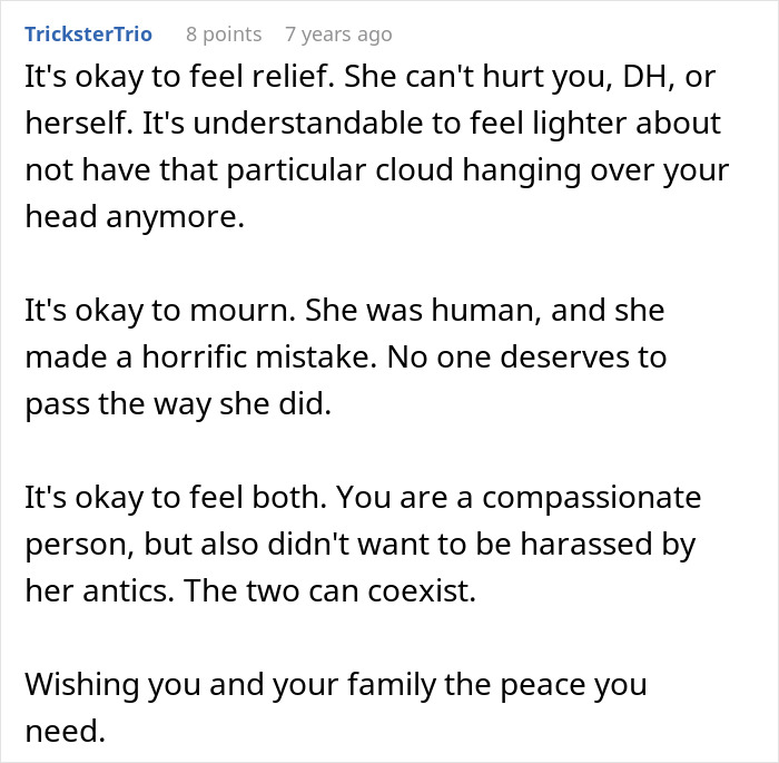 A Reddit comment offering support, saying it's okay to feel relief and mourn the crazy MIL who couldn't survive her most recent potion.