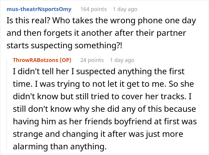 Wife's phone: Screenshot of online comments discussing a wife's suspicious phone behavior and reaction.
