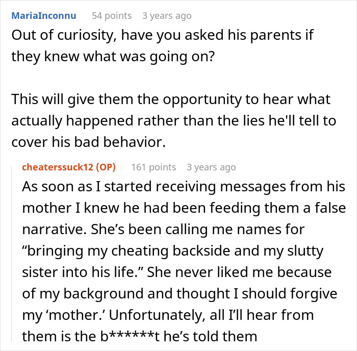 A woman who saw her husband and sister naked discusses how his parents are siding with him.
