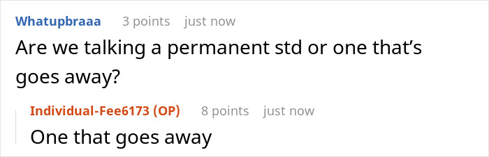 A screenshot showing a Reddit comment asking about a permanent STD in the baby's dad story. A screenshot showing a Reddit comment asking about a permanent STD in the baby's dad story.