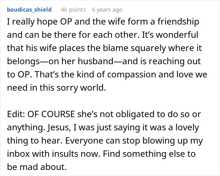 A comment hoping the pregnant woman and the boyfriend's wife form a friendship, addressing the nasty surprise. A comment hoping the pregnant woman and the boyfriend's wife form a friendship, addressing the nasty surprise.