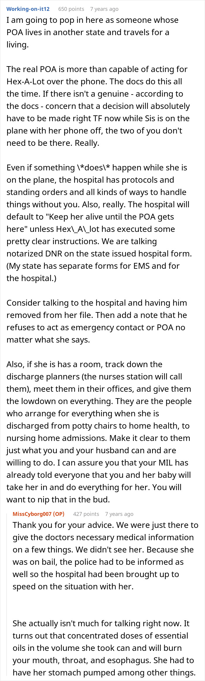 Detailed instructions for handling a MIL's witching and potion incident, including hospital protocols and power of attorney.