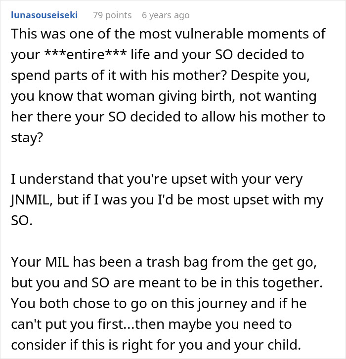 A comment criticizing the husband for allowing his MIL into the delivery room, highlighting the new mom's vulnerability. A comment criticizing the husband for allowing his MIL into the delivery room, highlighting the new mom's vulnerability.