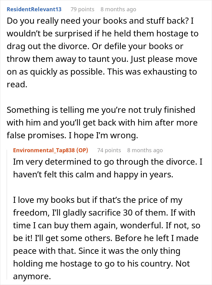 A woman discusses her divorce, prioritizing her freedom over material possessions like books, feeling calm and happy. A woman discusses her divorce, prioritizing her freedom over material possessions like books, feeling calm and happy.
