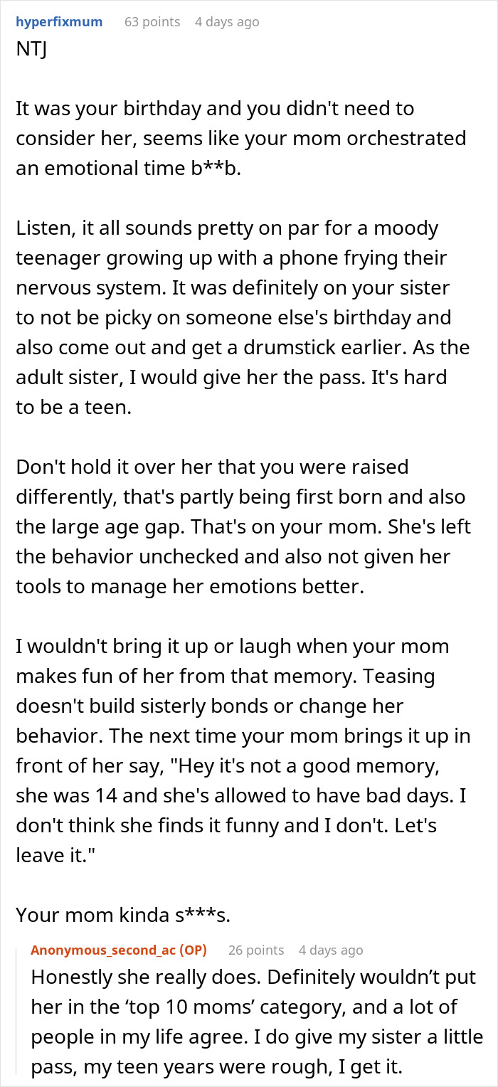 A Reddit comment from hyperfixmum giving advice on dealing with a teen sister crying over food at a birthday dinner.