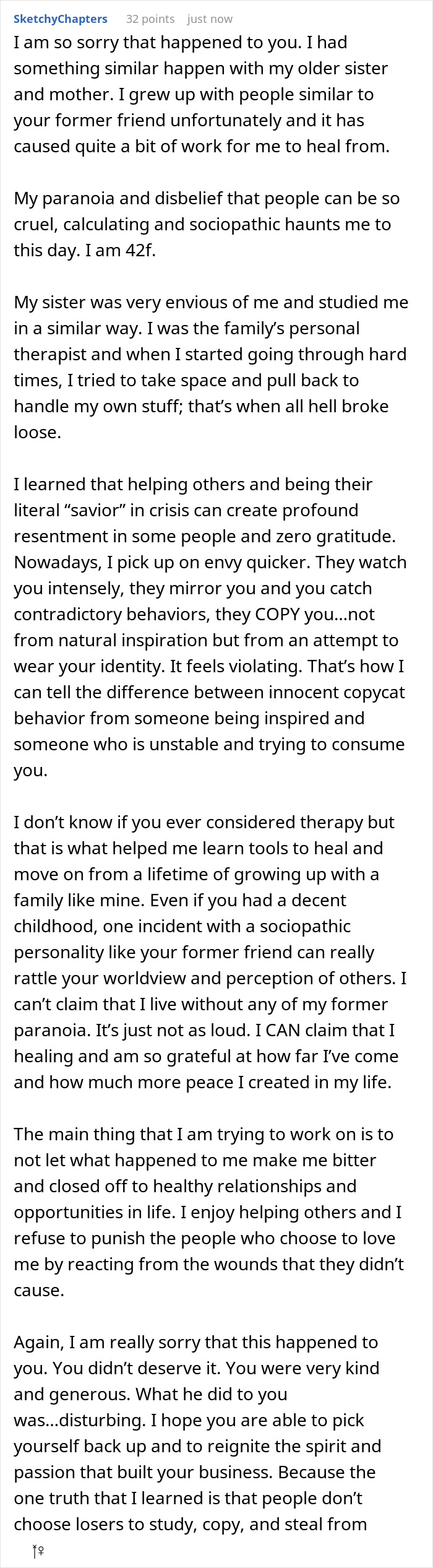 A screenshot of a Reddit comment sharing a personal experience of a friend copying a business after trust was built. A screenshot of a Reddit comment sharing a personal experience of a friend copying a business after trust was built.