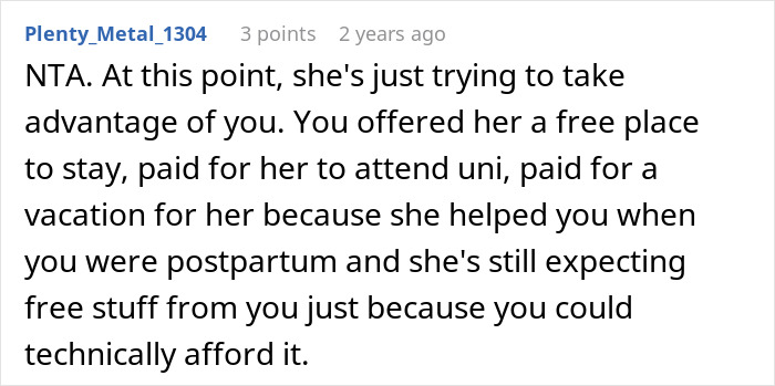 Plenty_Metal_1304's comment about a woman taking her nanny on a family vacation, ruining everything.