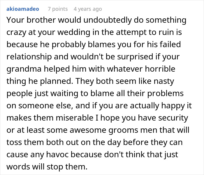 A comment warning about the brother possibly trying to ruin the wedding after his failed proposal.