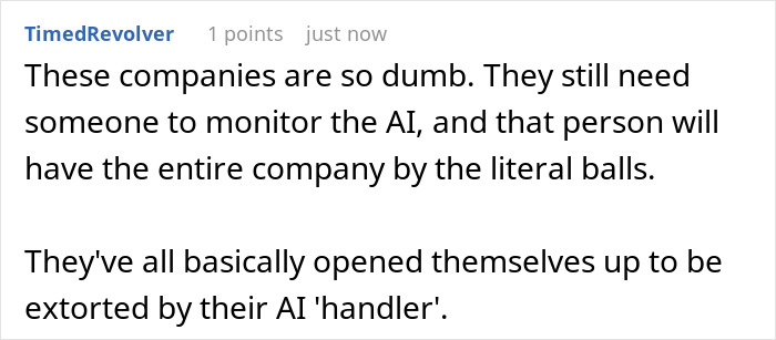 A comment about AI replacing Meta employees, suggesting companies need humans to monitor AI, leading to potential extortion. A comment about AI replacing Meta employees, suggesting companies need humans to monitor AI, leading to potential extortion.