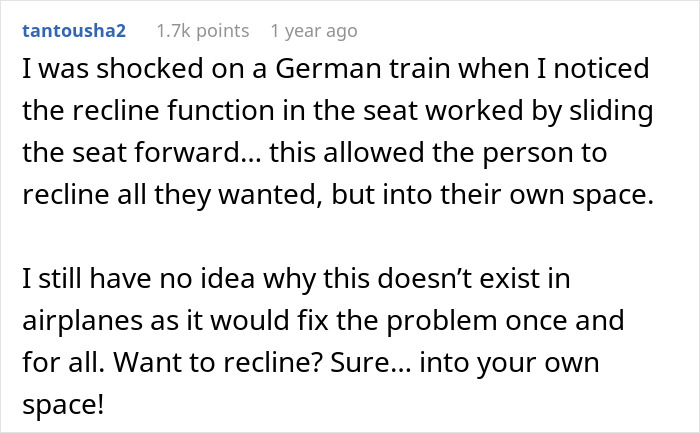 A comment about a woman who physically stops a stranger from reclining on an overnight flight, suggesting an airplane seat design that reclines into its own space.