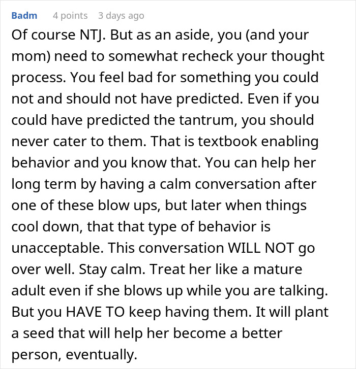 A detailed comment on handling a teen sister crying over food at a woman's birthday dinner, advising against enabling.