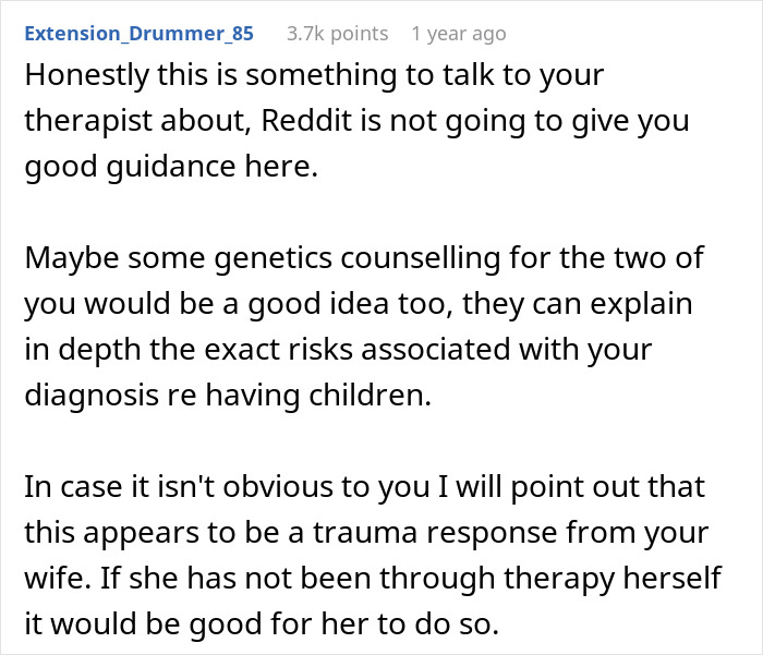 A screenshot of a Reddit comment suggesting genetic counseling regarding an autism diagnosis and having kids. A screenshot of a Reddit comment suggesting genetic counseling regarding an autism diagnosis and having kids.