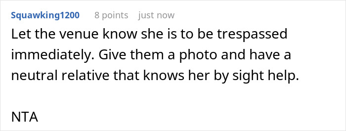 A comment advising to inform the wedding venue to trespass the aunt who changed the grandpa's will. A comment advising to inform the wedding venue to trespass the aunt who changed the grandpa's will.