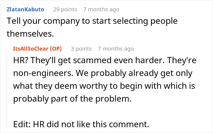 A Reddit comment section where users discuss how HR might be more susceptible to a hiring scam than engineers.