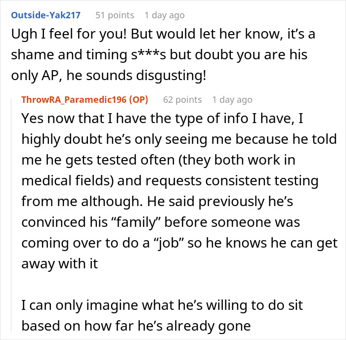 A Reddit comment expressing sympathy and skepticism about a cheating BF's fidelity to his pregnant wife.