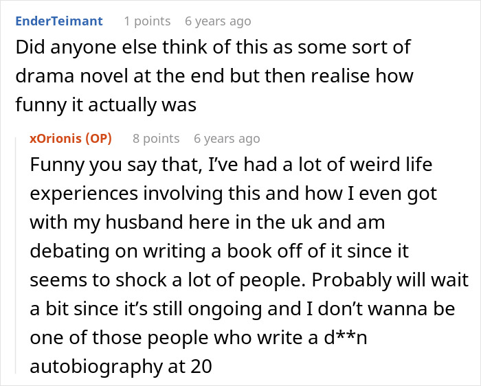 Screenshot of Reddit comments discussing the dramatic and funny aspects of an 18YO daughter leaving toxic parents. Screenshot of Reddit comments discussing the dramatic and funny aspects of an 18YO daughter leaving toxic parents.