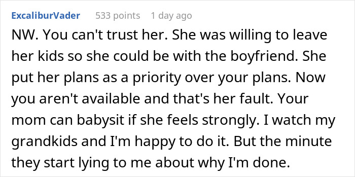 Screenshot of Reddit comment about a single mom losing a free babysitter due to lies about watching her kids. Screenshot of Reddit comment about a single mom losing a free babysitter due to lies about watching her kids.
