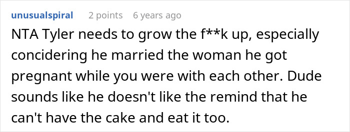 A screenshot of a comment from unusualspiral explaining why a man cheating and getting mad about his GF dating his friend is NTA. A screenshot of a comment from unusualspiral explaining why a man cheating and getting mad about his GF dating his friend is NTA.