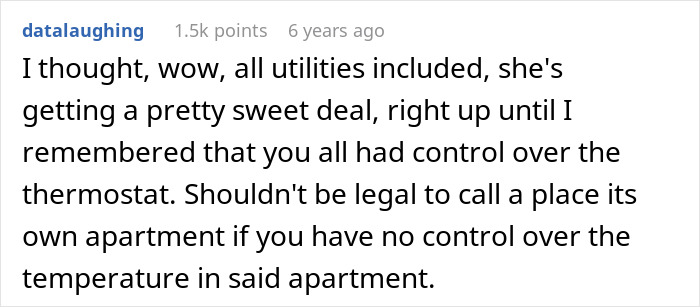 A screenshot showing a comment from datalaughing about dealing with a nightmare neighbor and thermostat control.