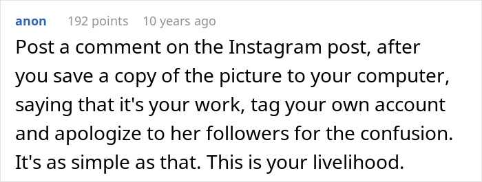 A screenshot of internet advice for a woman who trusted an older friend, suggesting posting a comment on Instagram.