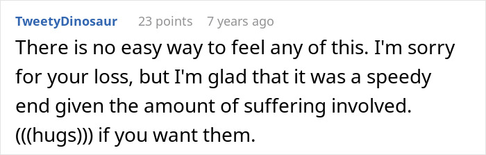 A comment offering condolences for the loss of a crazy MIL, wishing a speedy end to her suffering from witching around.