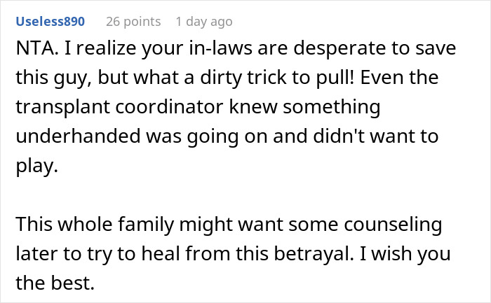 A comment about donating a kidney to BIL, mentioning a dirty trick and betrayal by in-laws. A comment about donating a kidney to BIL, mentioning a dirty trick and betrayal by in-laws.