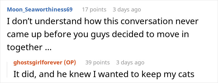 A screenshot of a Reddit comment where a user questions why the engagement issue about her cat was not brought up earlier. A screenshot of a Reddit comment where a user questions why the engagement issue about her cat was not brought up earlier.