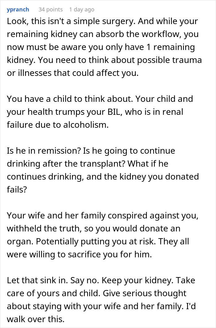 A detailed Reddit comment discussing the risks of donating a kidney to BIL who is an alcoholic. A detailed Reddit comment discussing the risks of donating a kidney to BIL who is an alcoholic.