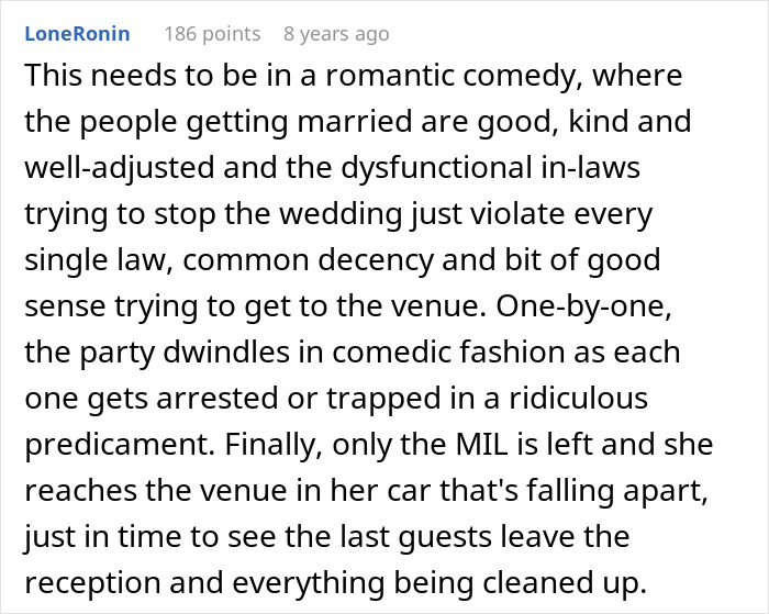 A screenshot of a Reddit comment suggesting a romantic comedy plot about dysfunctional in-laws trying to stop a wedding.