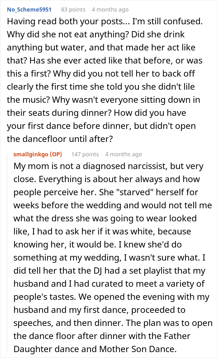 Wedding drama: mom takes over daughter's wedding dance floor. A user's question about the mother's behavior at the wedding.