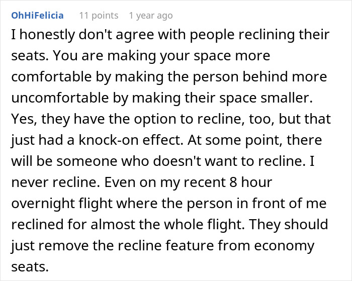 A screenshot shows an online comment about people reclining seats on an overnight flight and throwing a tantrum.
