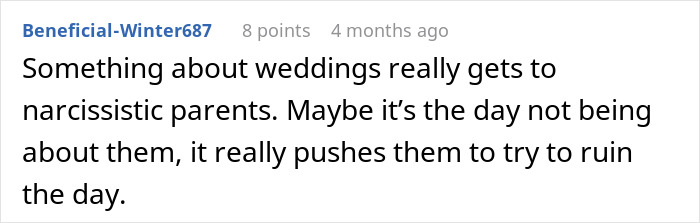 A screenshot of a comment from Beneficial-Winter687 about narcissistic parents and weddings.