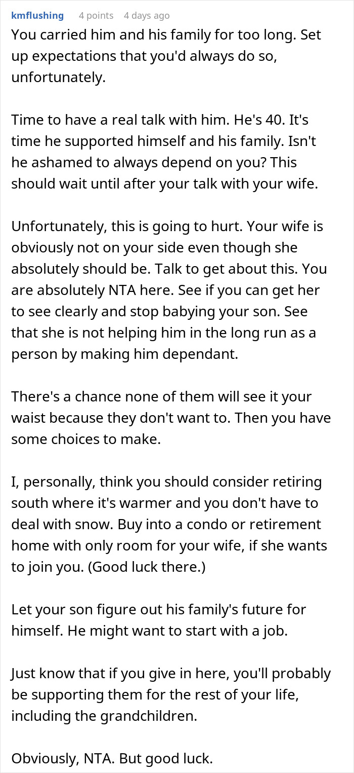 A white background with black text giving advice on financially supporting son in his 40s. A white background with black text giving advice on financially supporting son in his 40s.