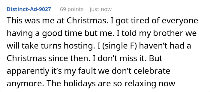 A user comment sharing a similar experience of refusing to host during Christmas, like the 27YO refusing to host Mom's B-Day. A user comment sharing a similar experience of refusing to host during Christmas, like the 27YO refusing to host Mom's B-Day.