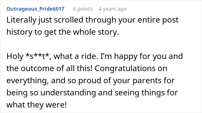A Reddit comment by Outrageous_Pride6017, congratulating someone on the outcome of a story about an entitled man.