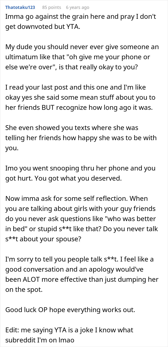 A comment about if the guy has finally met the one, or if an accidental peek at her phone changes everything.