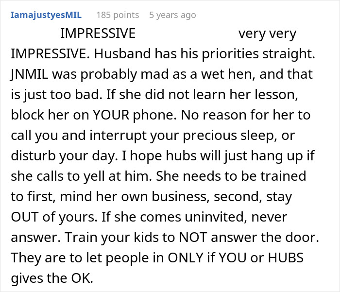 A screenshot of a comment from IamajustyesMIL stating the husband has his priorities straight regarding the pushy MIL demanding a ride. A screenshot of a comment from IamajustyesMIL stating the husband has his priorities straight regarding the pushy MIL demanding a ride.
